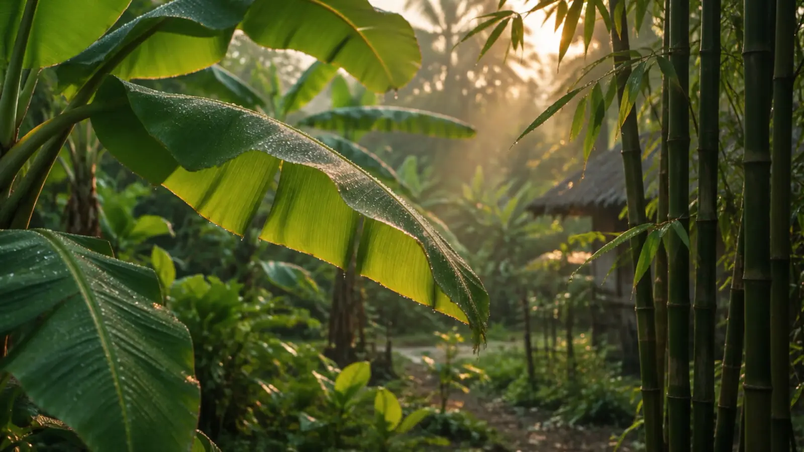 Banana and bamboo leaves in a tropical garden in morning light